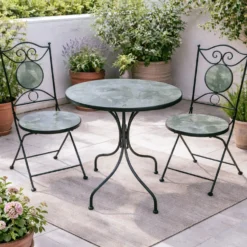 Set tavolo rotondo e 2 sedie effetto marmo grigio