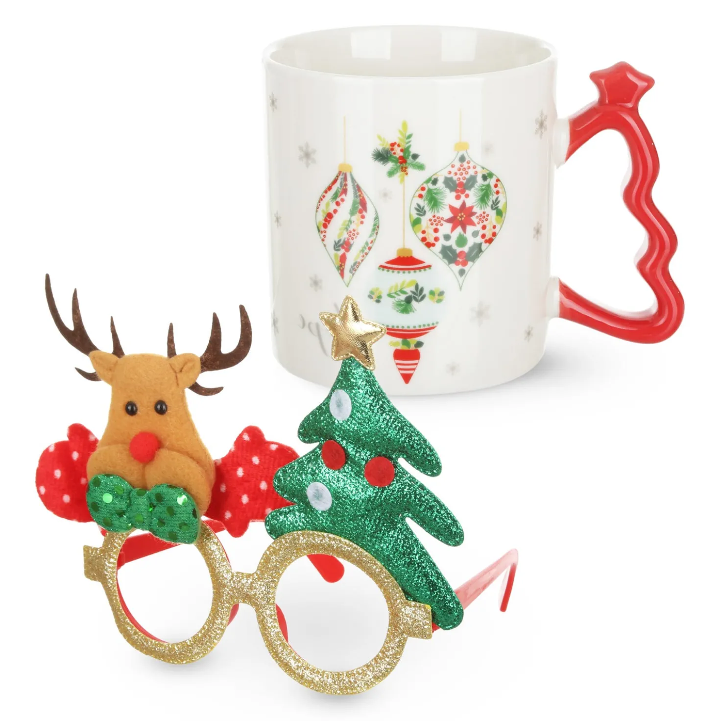 Set tazza palline Natale 340 ml e occhiali natalizi