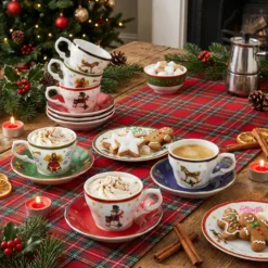 Set 6 tazzine caffè decori Natale porcellana con piattino