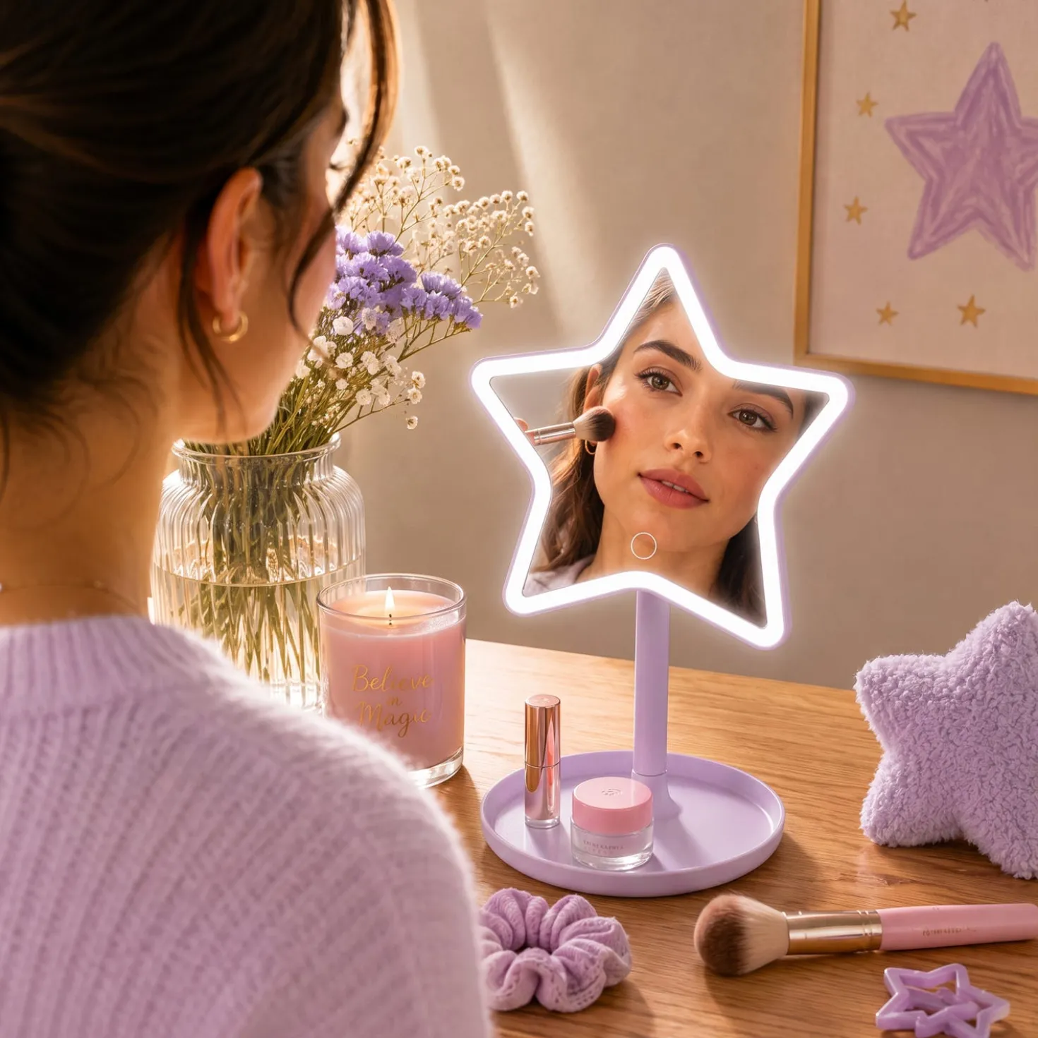 Specchio da tavolo stella con led lilla