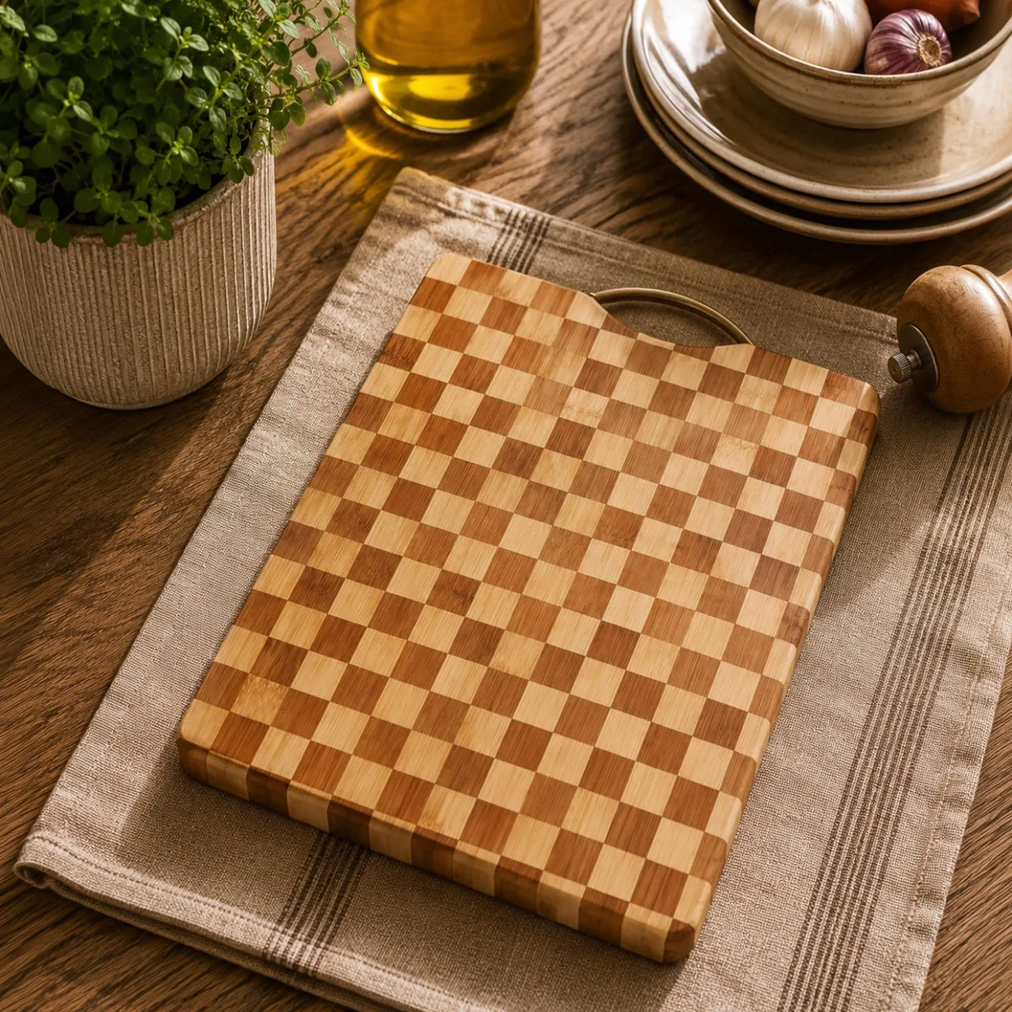 Tagliere 43,5x30 cm bambù scacchiera con manico