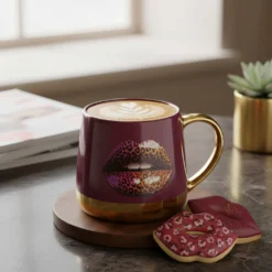 Tazza ceramica 360 ml labbra leopardate marrone oro