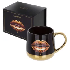 Tazza ceramica 360 ml labbra leopardate nero oro