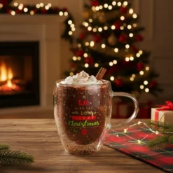 Tazza mug vetro borosilicato Merry Christmas glitter 300 ml