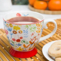 Tazza tè 450 ml fiori rossa in New Bone China