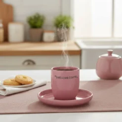 Tazzina caffè con piattino malva con scritta 135 ml