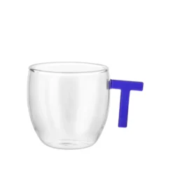 Tazzina caffè lettera T blu in vetro borosilicato, 150 ml