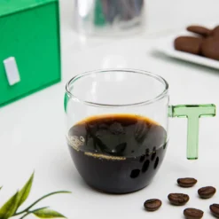 Tazzina caffè lettera T verde in vetro borosilicato, 150 ml