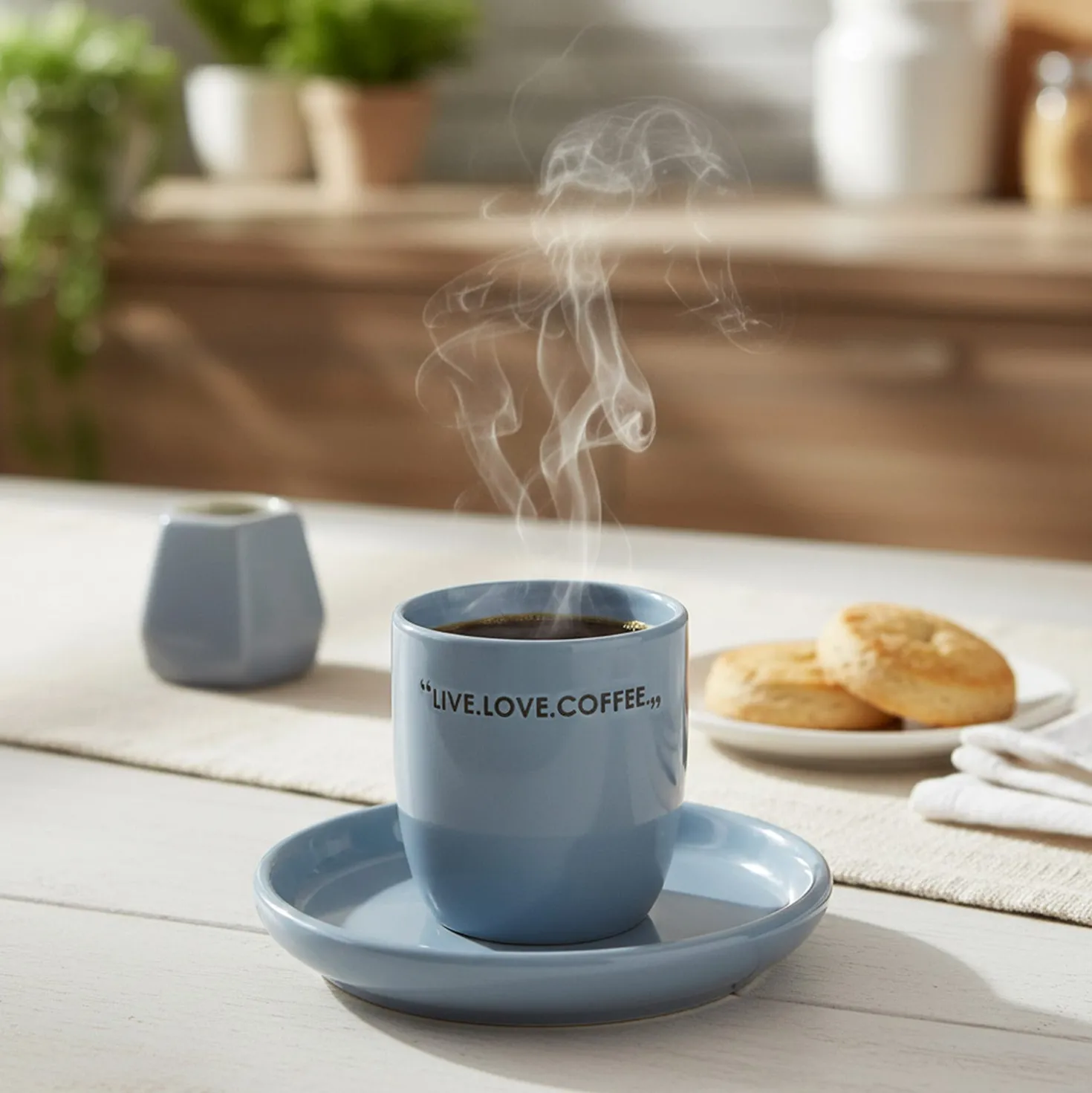 Tazzina caffè 135 ml con piattino blu scritta Quotes