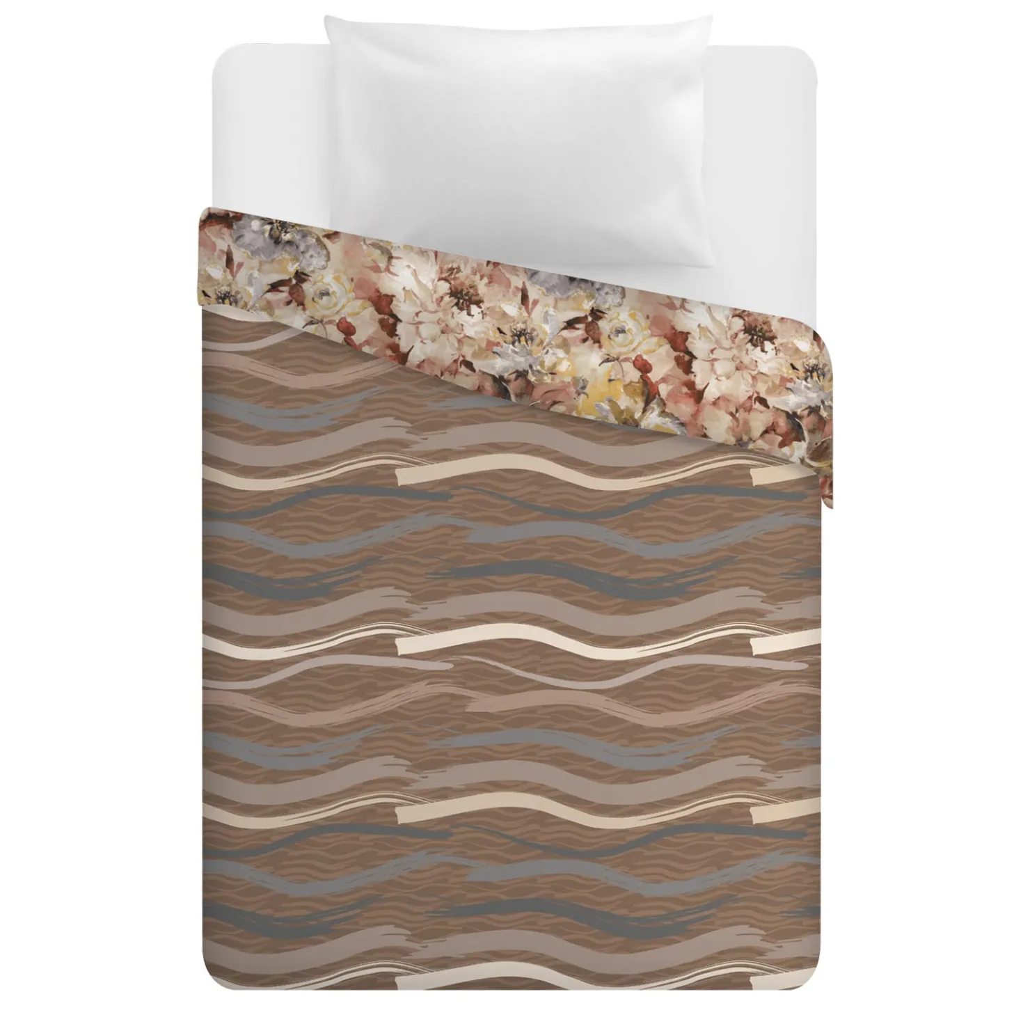 Trapunta 1 piazza e mezza double face a fiori e righe beige