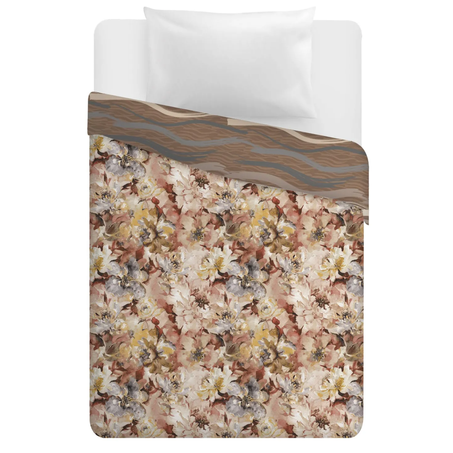 Trapunta 1 piazza e mezza double face a fiori e righe beige