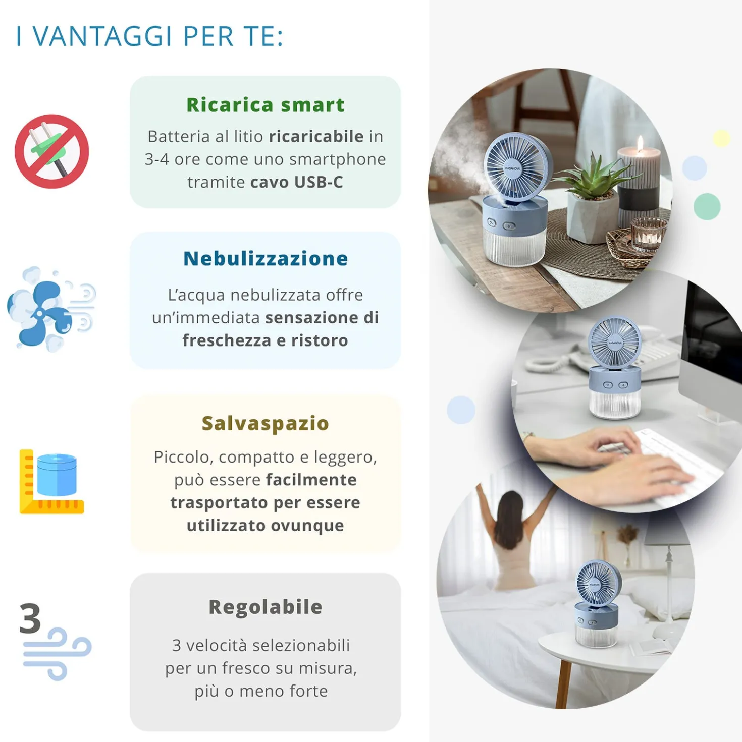 Ventilatore portatile con nebulizzatore azzurro
