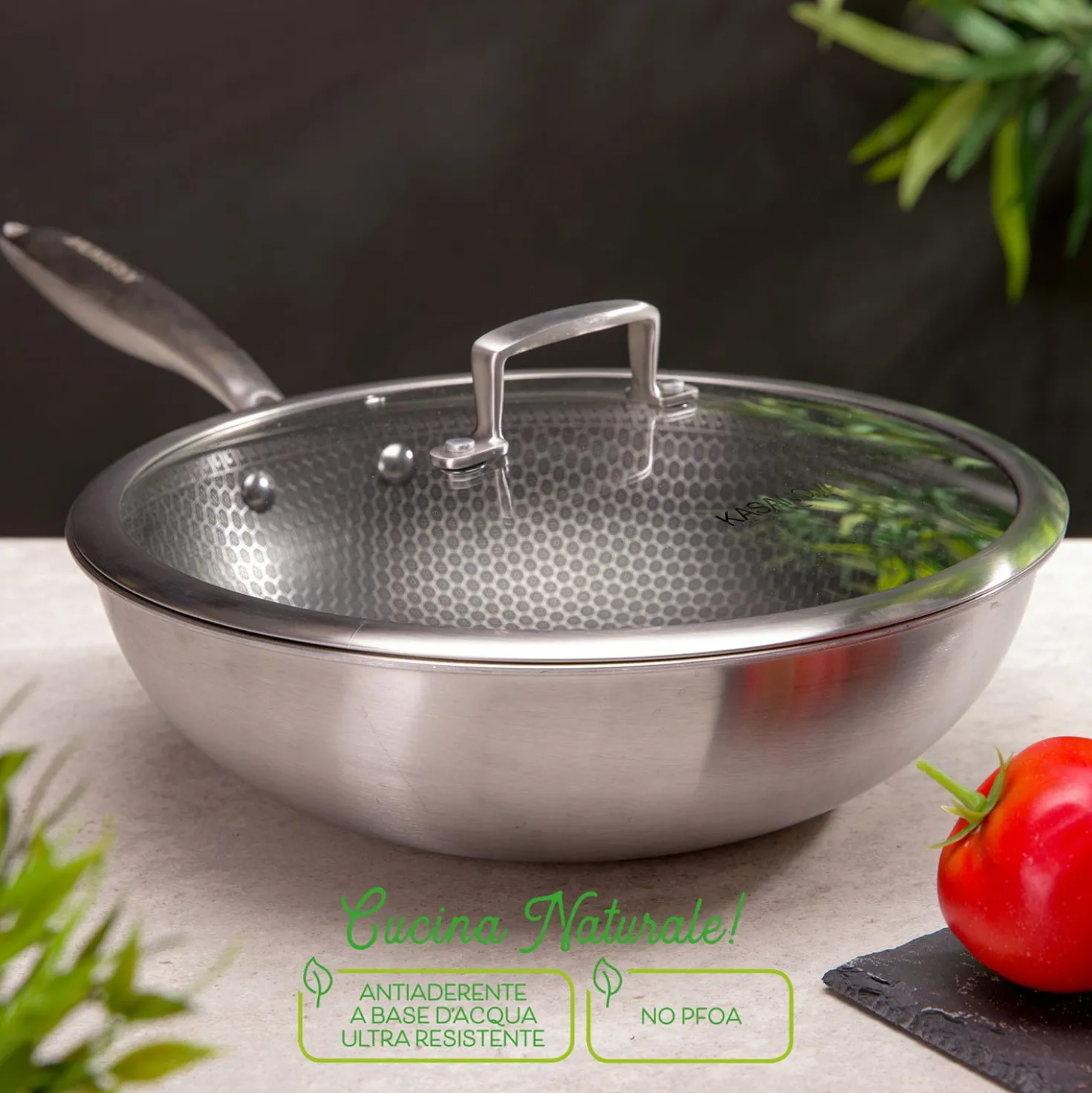 Wok 28 cm con coperchio a 3 strati Tri - ply