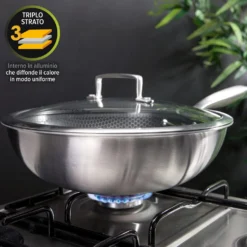 Wok 28 cm con coperchio a 3 strati Tri - ply
