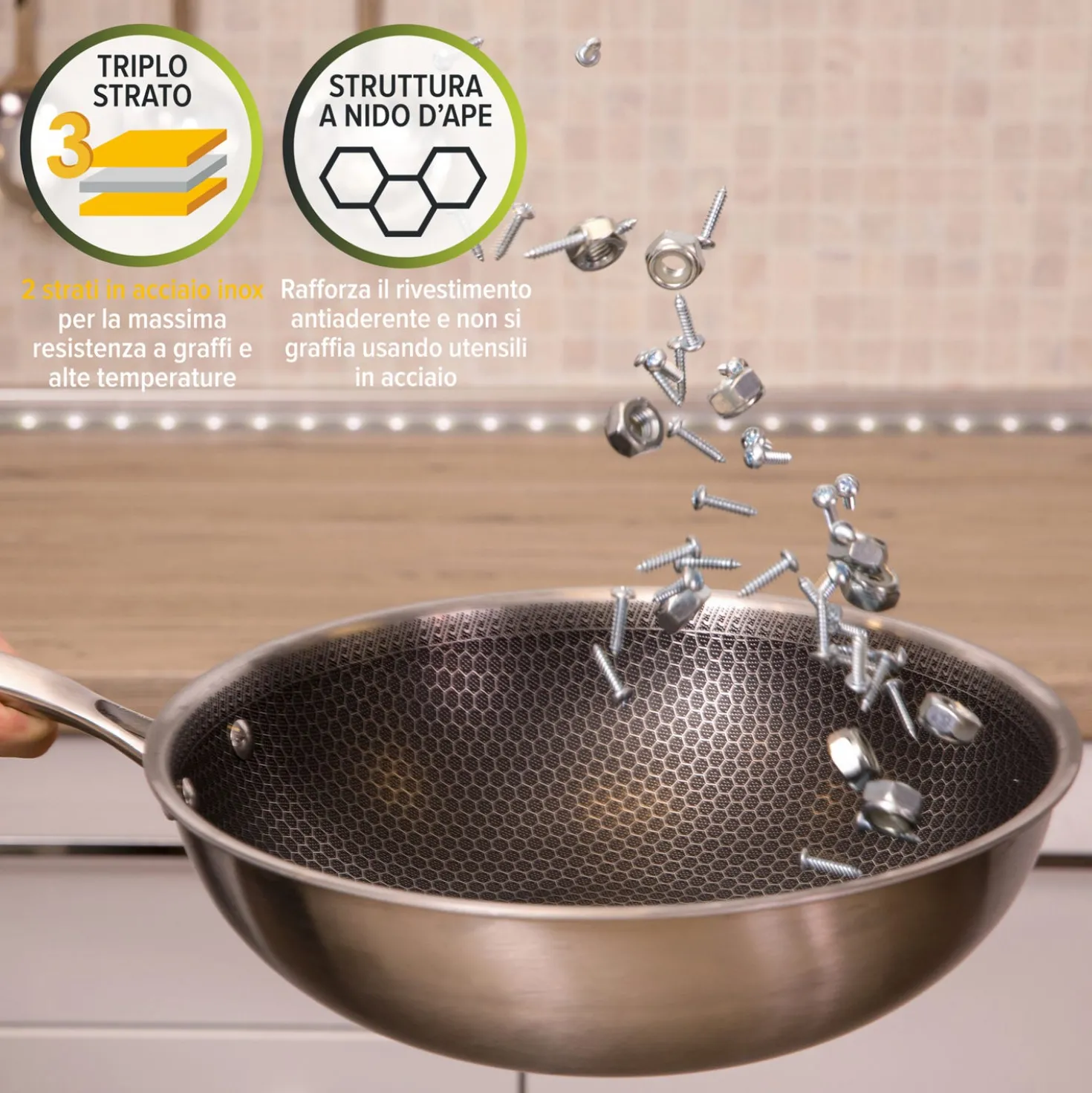 Wok 28 cm con coperchio a 3 strati Tri - ply